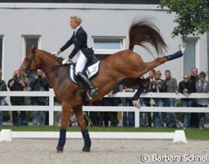 Heike Kemmer and Bonaparte do a spirited performance in the warm-up ring (it was really all just playful)