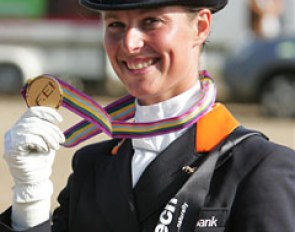 Adelinde Cornelissen showing her European Grand Prix Special gold medal