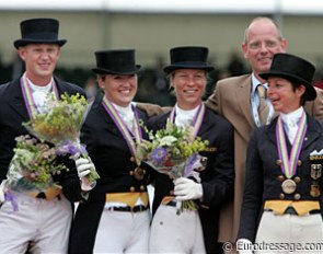 The bronze medal winning German team: Matthias Alexander Rath, Ellen Schulten-Baumer, Susanne Lebek, Klaus Roeser (chef d'equipe), Monica Theodorescu