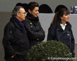 French chef d'equipe Alain Francqueville, Clarissa Stickland-Rufin's trainer Coby van Baalen, and Clarissa's mom Lyn Stickland