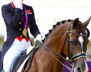 Charlotte Dujardin on Valegro, in tears, at the prize giving ceremony