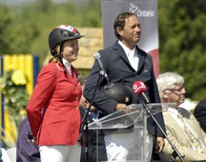Canadian Equestrian Team members Jill Henselwood and Yann Candele speak at the official groundbreaking ceremony naming Caledon Equestrian Park as a host venue for the Toronto 2015 Pan Am Games