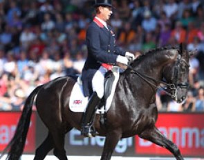 Carl Hester rode to a mix max of medleys and showed fantastic half passes and trot extensions. The piaffe needed to be tidier and more impulsive and the horse a bit sharper on the aids