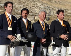 The gold medalists at the 2013 Spanish Young Horse Championships in Segovia: Ruben Arrabe Sanchez, Jose Antonio Garcia Mena, Juan Antonio Jimenez, Jordi Domingo :: Photo © Top Iberian