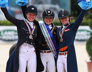 The kur podium with Alexandra Andresen, Anna Christina Abbelen and Rosalie Bos at the 2014 European Junior Riders Championships in Arezzo :: Photo © Astrid Appels