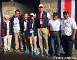 The Costa Rican dressage team with riders Anne Marie Egerstrom, Michelle Batalla, and Cristobal Egerstrom flanked by Canadian judge Cara Whitham and team vet Dr. Ricardo Gutiérrez :: Photo © De Larrea