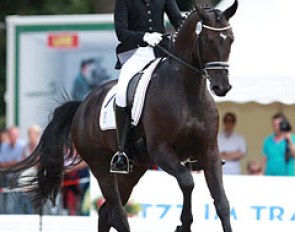 Marita Pundsack and the Belgian owned QC Flamboyant (by Fidertanz x De Niro) had some issues with the flying changes but the walk was outstanding. The horse got uneven in the trot extensions