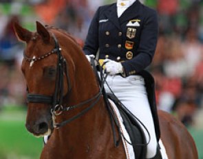 Fabienne Lutkemeier and D'Agostino. This horse may not have the best piaffe but he's such a reliable team horse: super secure in all the movements, always correct and solid with fantastic extensions and half passes