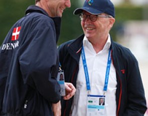 Danish team trainer Rudolf Zeilinger in conversation with Kjell Kirk Kristiansen, owner of LEGO and father of Agnete Kirk Thinggaard
