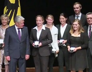 German president Joachim Gauck with German Olympic dressage team members Isabell Werth, Kristina Sprehe, Dorothee Schneider and Sönke Rothenberger at the award ceremony for the Silver Bay Leaf in Berlin