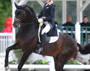 Katrien Verreet on the 10-year old Oldenburg licensed stallion Bailamos Biolley (by Sir Donnerhall I x Florestan). The bay is bred by Brigitte de Biolley and registered as owned by her daughters Stephanie and Virginie de Sadeleer.