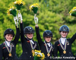 Germany wins team gold at the 2017 European Pony Championships: Jana Lang, Anna Middelberg, Lucie Anouk Baumgürtel, Julia Barbian celebrate :: Photo © Lukasz Kowalski