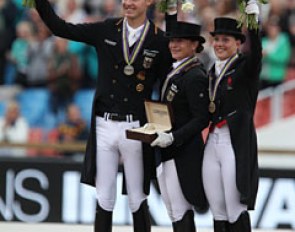 The kur to music podium with Rothenberger, Werth and Dufour at the 2017 European Dressage Championships :: Photo © Astrid Appels