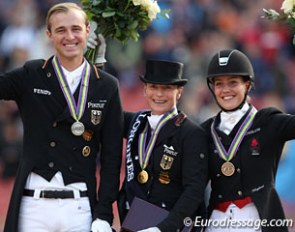 The Grand Prix Special podium with Rothenberger, Werth and Dufour at the 2017 European Dressage Championships :: Photo © Astrid Appels
