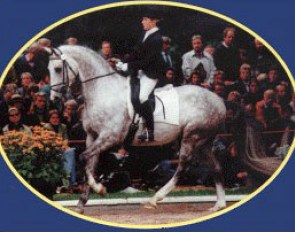 Stephanie Meyer-Biss on Gottfried Hoogen's Trakehner stallion Enim Pascha at the 1996 Bundeschampionate