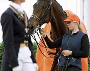 Anky van Grunsven on the podium, Bonfire waiting at the 1998 World Equestrian Games :: Photo © Dirk Caremans