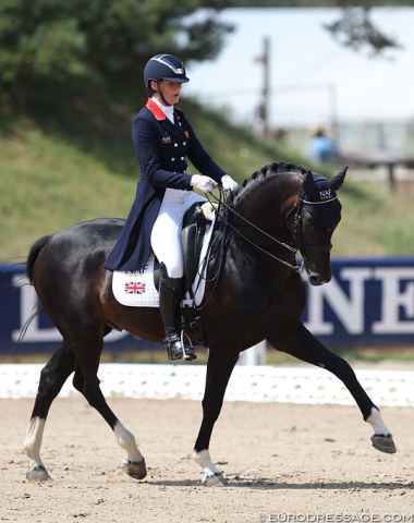 British Maddy Whelan on Diamond Design, who is by Diamond Hit out of Sandy Philips 2006 British WEG team horse Lara. The stallion got behind the aids in canter and gave Whelan a challenging ride