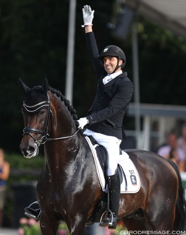 Andreas Helgstrand celebrates his third gold medal at the World Young Horse Championships