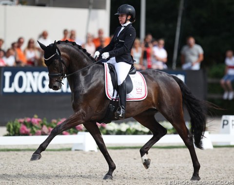 Selina Solberg Vittinghus on Atterupgaards Delorean (by Bon Bravour x Sandro Hit). This mare is very expressive in trot with her engaged hind leg but she was not always crystal clear in the regularity. In canter she could be more uphill. 