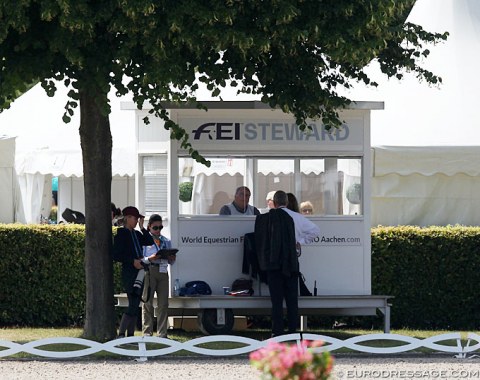 FEI Stewarding is a big thing at Aachen this year with a clearly visible hut where the FEI stewards are now based while the warm up is being videoed permanently. 
