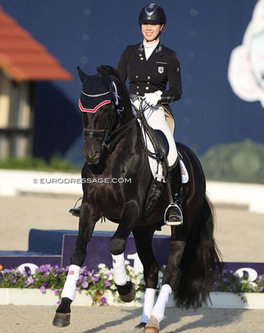 American Katherine Mathews on Soliere, who was bought at Hof Kasselmann after winning silver at the 2010 World Championships for Young Dressage Horses in Verden 
