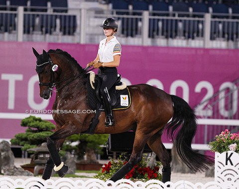 Belgium's  reserve rider Alexa Fairchild on Dabanos d'O4. She bought this horse as her GP schoolmaster and it exceeded all expectations, taking her to Tokyo