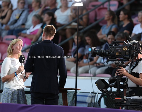 Princess Nathalie zu Sayn-Wittgenstein, former Danish team trainer and coach of two Danish riders in the freestyle (Dufour, Bachmann),got interviewed by Danish television before the Kur started