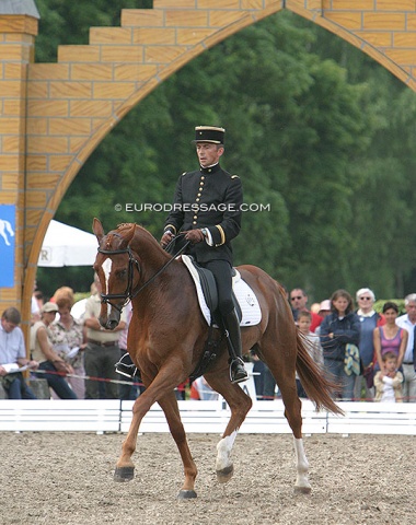 Cadre Noir rider Fabien Godelle on Liaison (by Londonderry x Gralswachter). This horse was bought by ENE in the period that the French National Equestrian Institution shopped in Verden. Liaison went on to compete at GP level with Pauline Vanlandegem (now Basquin)