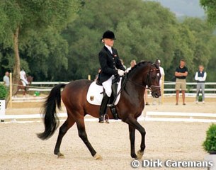 Carde Meyer on Keep Cool competing in the Montenmedio dressage arena in Vejer de la Frontera, Spain