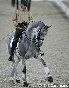 Andreas Helgstrand schooling Matine in the rain at the 2005 World Equestrian Games :: Photo © Dirk Caremans