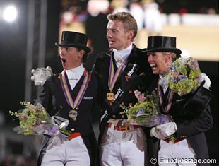 Adelinde Cornelissen, Edward Gal and Anky van Grunsven ecstatic about their kur medals at the 2009 European Championships :: Photo © Astrid Appels