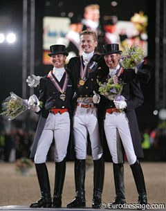 The Kur podium: silver for Adelinde Cornelissen, gold for Edward Gal and bronze for Anky van Grunsven