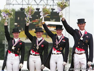 Emma Hindle, Maria Eilberg, Laura Bechtolsheimer and Carl Hester win team silver at the 2009 European Dressage Championships