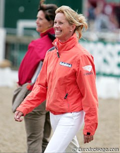 Van Grunsven is all smiles when Adelinde Cornelissen won gold and Edward Gal silver in the Grand Prix Special at the 2009 European Dressage Championships :: Photo © Astrid Appels
