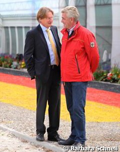 Aachen show director Frank Kemperman and German youth riders team trainer Hans Heinrich Meyer zu Strohen have a chat