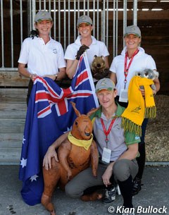 The Australian Dressage Team: Rachael Sanna, Lyndal Oatley, Hayley Beresford, Brett Parbery (with mascot)