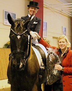 Gabriele Rund-Köllner with Rossinol during the price-giving at the 2012 Ankum Dressage Tournament