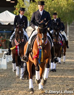 Jan Ebeling leads the victory lap at the 2012 CDI-W Burbank flanked by Yvonne Losos de Muniz and Steffen Peters :: Photo © Sheryl Ross