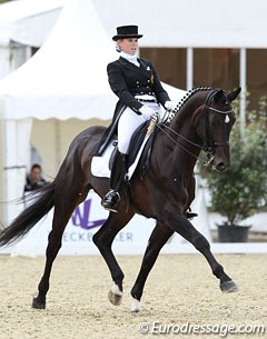 Steffi Hesters on Don Fuego (by Don Bedo x Fidermark). The Westfalian licensed stallion was previously owned by Americans Heather Kenndy and Alexandra Curnotte and sold to Hesters in the autumn of 2010.