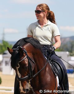 British Emma Hindle back in the saddle to compete after giving birth to her first child. Here she is schooling Chequille Z