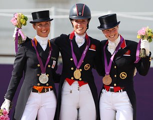 Adelinde Cornelissen, Charlotte Dujardin, Laura Bechtolsheimer on the 2012 Olympic podium