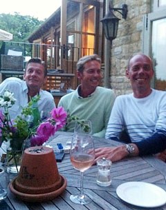 Carl Hester having dinner and drinks with Edward Gal and Hans Peter Minderhoud before the Games