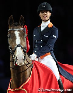 Adelinde Cornelissen rides Galahad for the Grand Prix prize giving ceremony at the 2012 World Cup Finals :: Photo © Astrid Appels