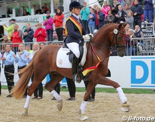 Sandra Frieling and Damon's Dream win the 3-year old mares and geldings class at the 2013 Bundeschampionate