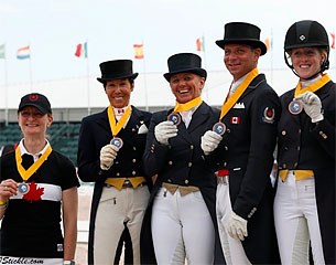 The bronze medal winning Team Canada: Gina Smith (chef d'equipe), Christilot Boylen, Evi Strasser, David Marcus, Brittany Fraser