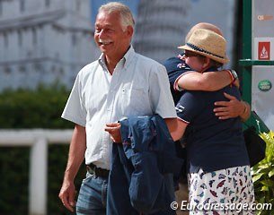 FEI Judge general and British youth team trainer Stephen Clarke just watched Charlotte Fry compete. Julie Fry, in tears, gets a big hug