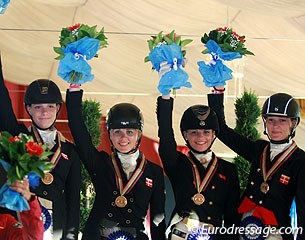 The bronze medal winning Danish junior riders: Sille Engermann, Kristine Koch Bejtrup, Alexandra Sorensen, Amanda Overgaard