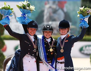 The individual test podium with Alexandra Andresen, Anna Christina Abbelen and Jeanine Nekeman at the 2014 European Junior Riders Championships in Arezzo, Italy :: Photo © Astrid Appels