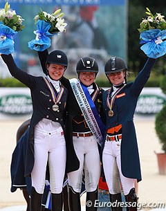 The kur podium with Alexandra Andresen, Anna Christina Abbelen and Rosalie Bos at the 2014 European Junior Riders Championships in Arezzo :: Photo © Astrid Appels