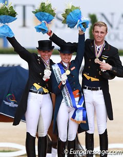 The Young Rider individual test podium with Lisa Maria Klossinger, Anne Meulendijks, and Sönke Rothenberger